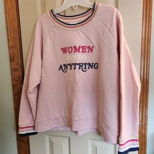 "WOMEN CAN DO ANYTHING" graphic Pink sweatshirt Sz XL color band Cuffs & Neck